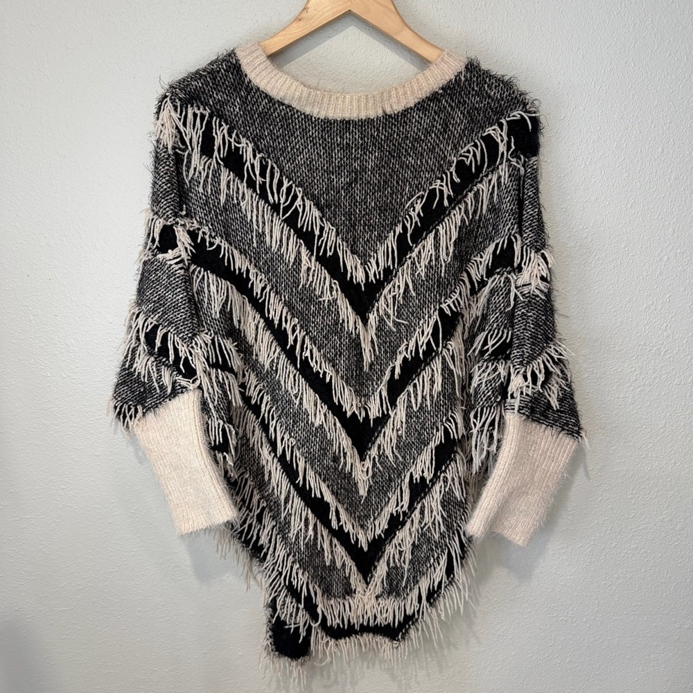 Tesoro Moda Fringed Black and Cream Sweater Poncho